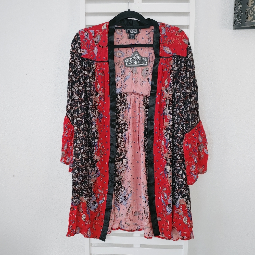 Angie Floral Border Print Velvet Trimmed Kimono